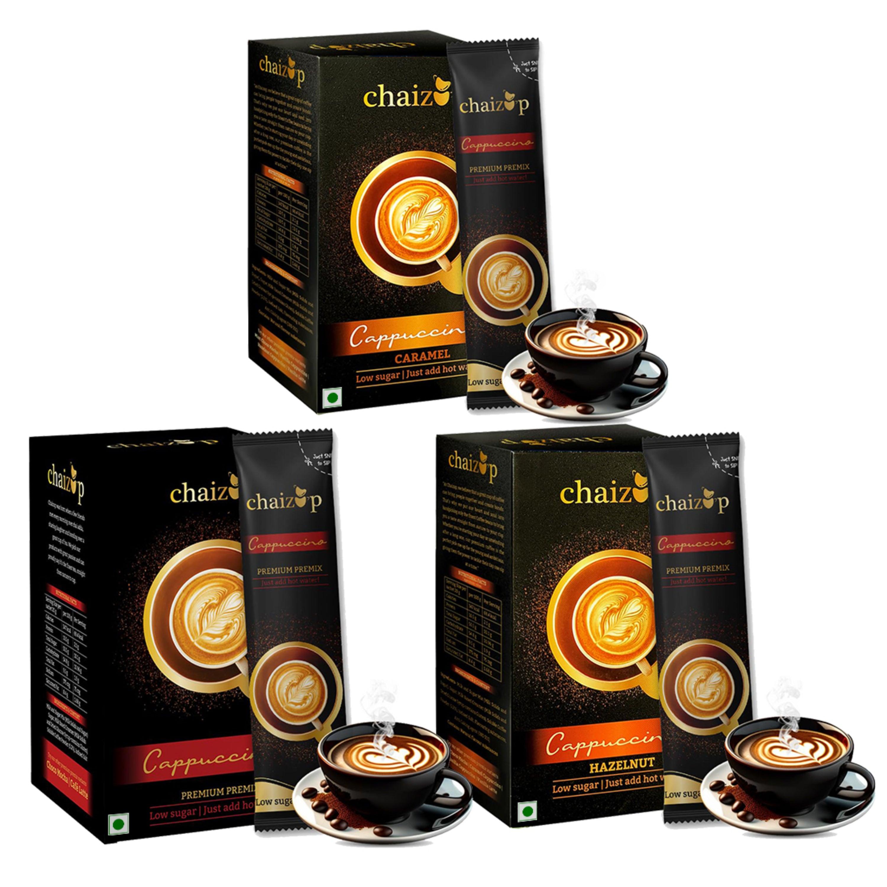 Chaizup Instant Premix Premium Cappuccino + Caramel + Hazelnut Coffee Packs | Assorted Combo Pack Of 3 Flavours | 20gm x 18 Sachets | 360 GM | Instant Premix Coffee | Premix Coffee Powder